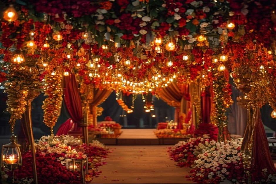 Brass diya and marigold detail on a North Bengal wedding mandap